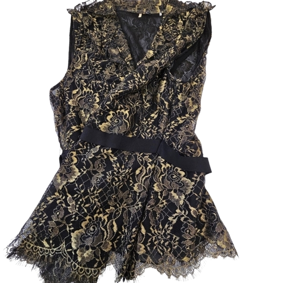 Nwot Elie Tahari Black/Gold Floral Lace Sleeveless Ruffled Accent Top - Picture 12 of 16